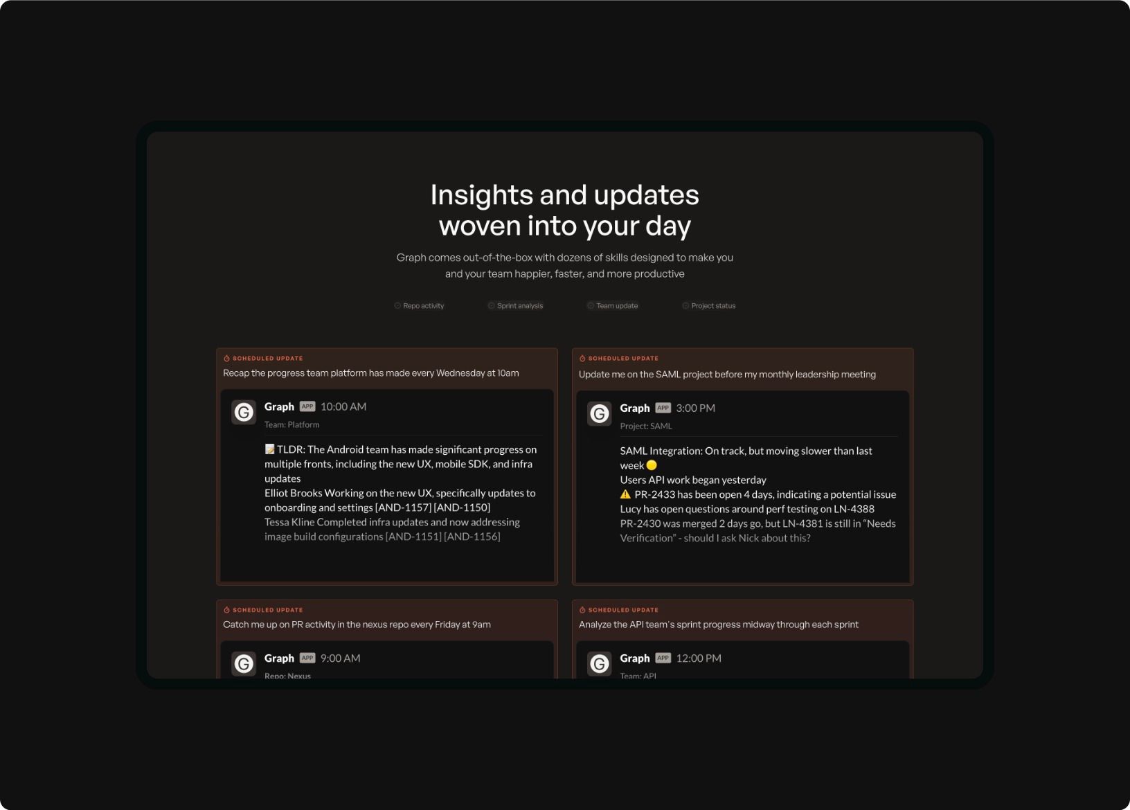 The graphapp.ai Automating skills section in a browser frame: “Insights and updates woven into your day” above a grid of scheduled updates, where Graph recaps the Platform team's week and reports the SAML project is on track but slowing.