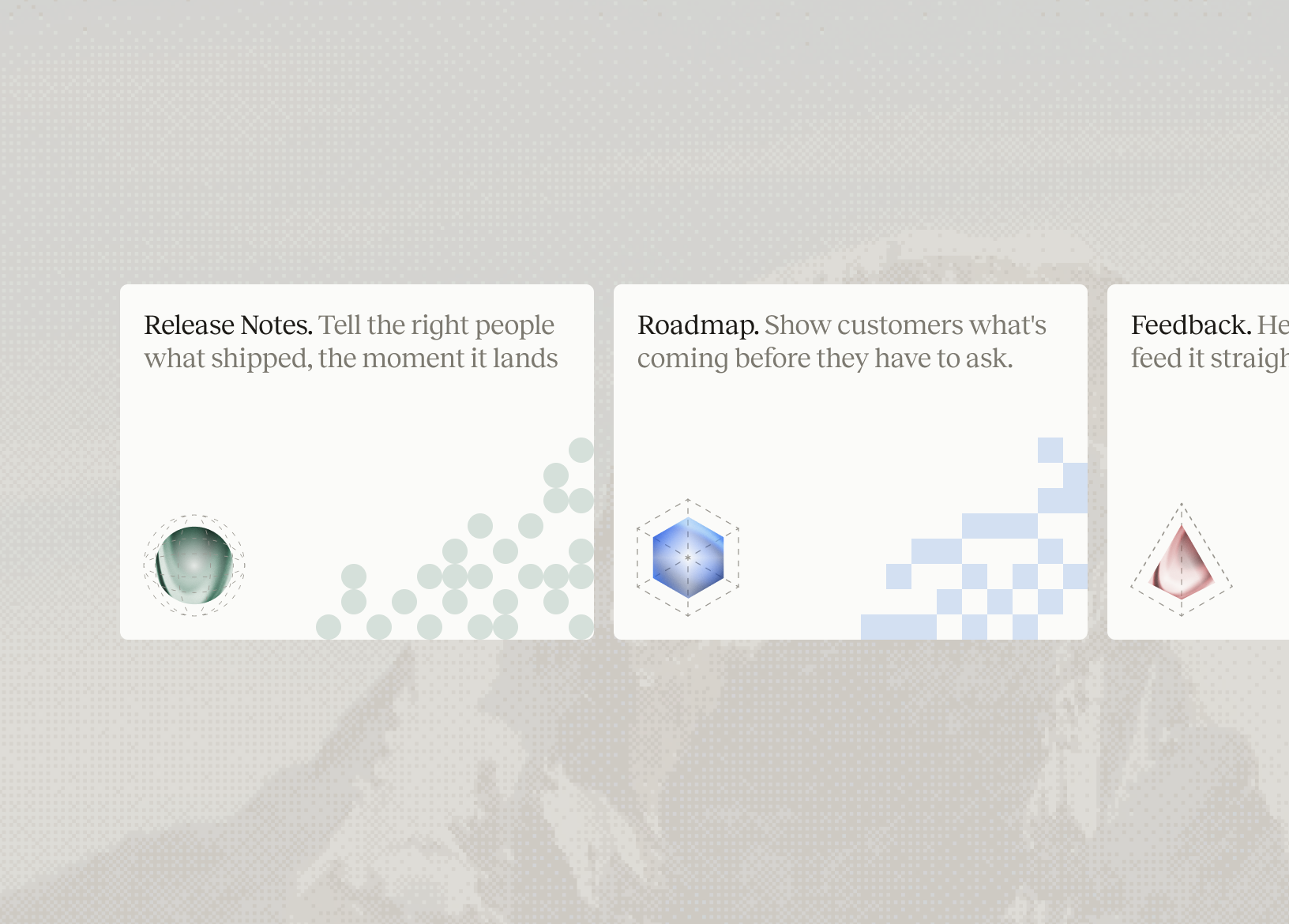 LaunchNotes product cards over a dithered mountain backdrop: Release Notes, Roadmap, and Feedback, each with its own glass shape and pixel pattern.