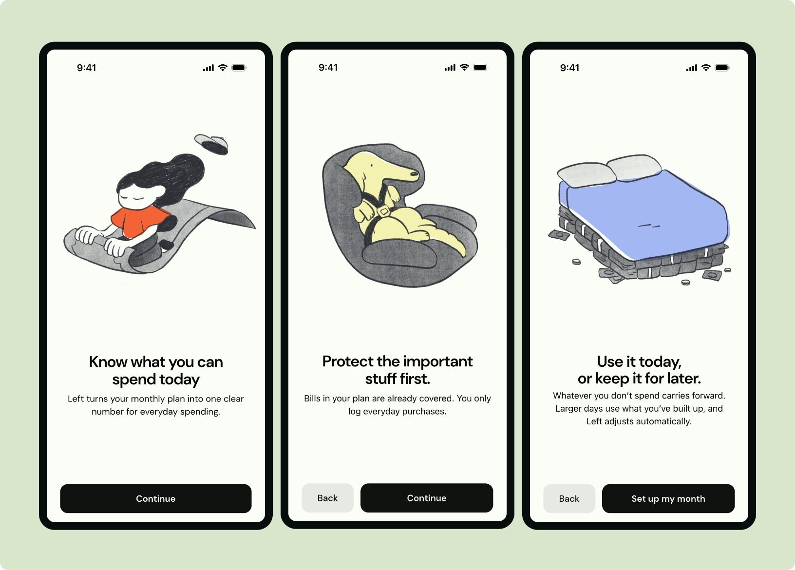 Three onboarding screens from Left on a sage backdrop: “Know what you can spend today” over a girl on a flying carpet, “Protect the important stuff first.” over a dog buckled into a car seat, and “Use it today, or keep it for later.” over a bed stacked on cash.