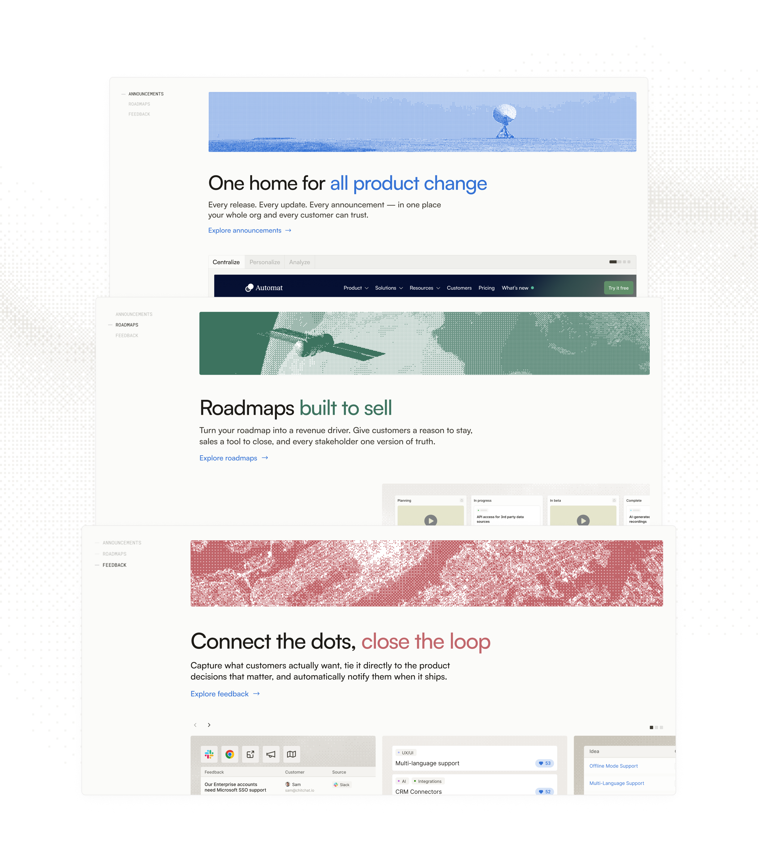 Three layered LaunchNotes page designs for Announcements, Roadmaps, and Feedback, with blue, green, and red dithered imagery.